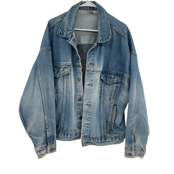 TYCA USA Eagle Jean Jacket Size XL Distressed Blue Denim Embossed Logo Trucker - Picture 1 of 15